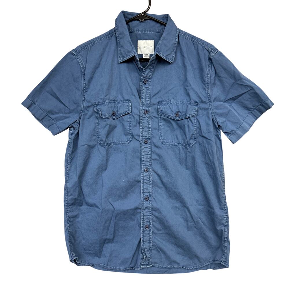 American Eagle Mens Shirt Blue Short Sleeve Collared Button Down 100% Cotton M - Picture 1 of 10
